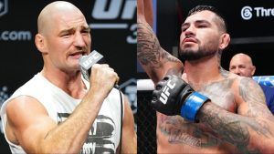 Sean Strickland speaks at the UFC 312 press conference, opposite Anthony Hernandez after his win over Roman Dolidze