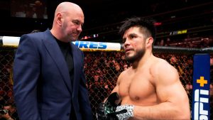 Dana White and Henry Cejudo speak in the cage after UFC 288