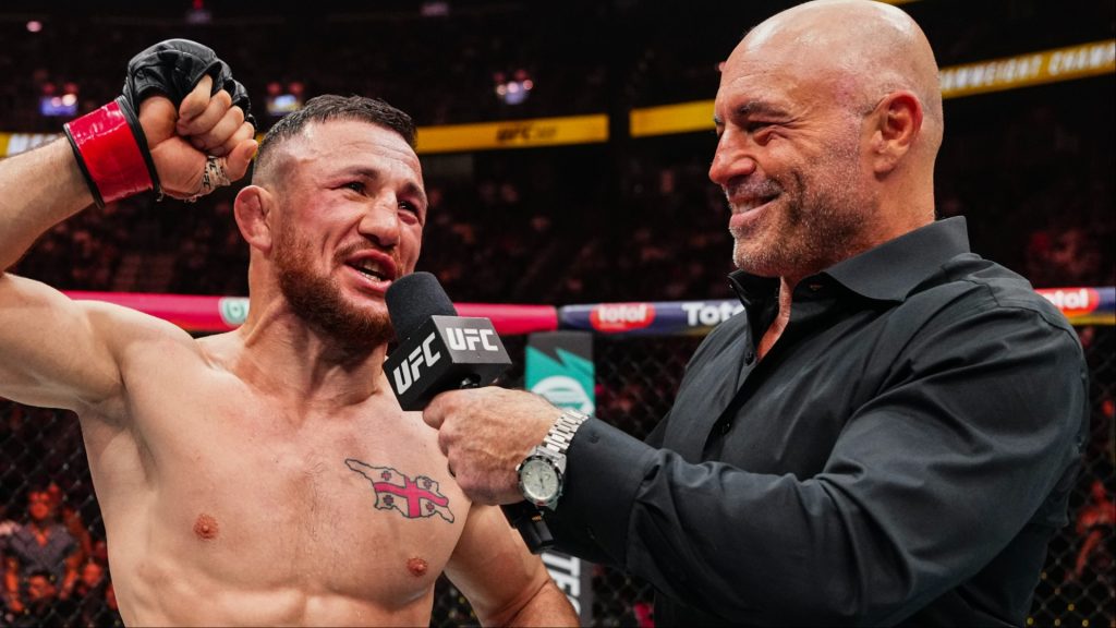 Merab Dvalishvili speaks with Joe Rogan after his victory at UFC 320