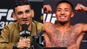 Max Holloway speaks at the UFC 318 press conference, opposite Joshua Van at the UFC 323 weigh-in
