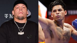 Nate Diaz appears at a UFC event, opposite Ryan Garcia in the boxing ring