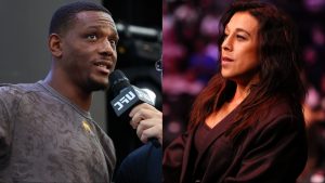 Jamahal Hill opposite Joanna Jedrzejczyk