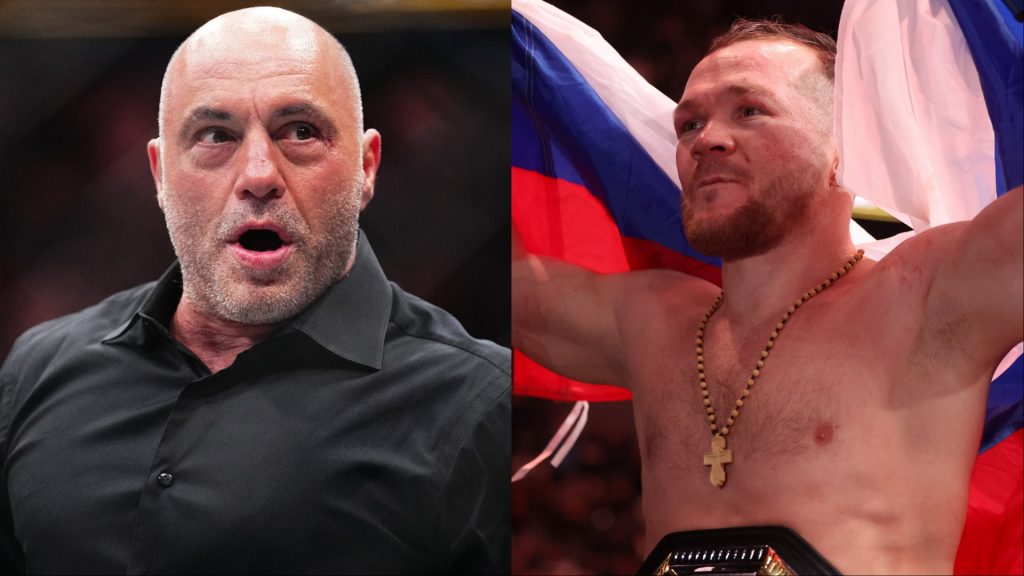 Joe Rogan reacts in the cage at UFC 300, opposite Petr Yan celebrating after a win