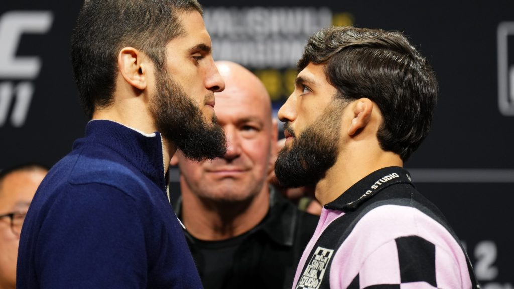 Islam Makhachev and Arman Tsarukyan face off at a UFC 311 press conference