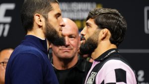 Islam Makhachev and Arman Tsarukyan face off at a UFC 311 press conference