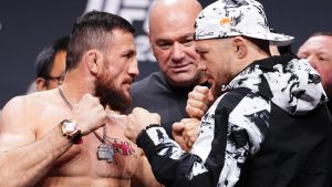 Merab Dvalishvili and Petr Yan face off at the UFC 323 ceremonial weigh-in