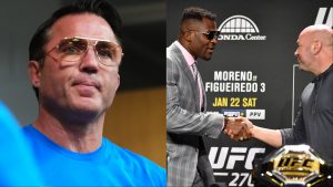 Chael Sonnen on the set of The Ultimate Fighter, opposite Francis Ngannou and Dana White at the UFC 270 press conference