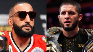 Belal Muhammad appears at the UFC 315 press conference, opposite Islam Makhachev after his win at UFC 322