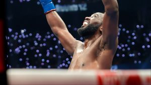 Terence Crawford celebrates after his fight against Canelo Alvarez