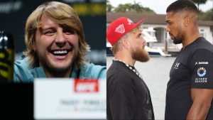 Paddy Pimblett appears at a press conference, opposite Jake Paul and Anthony Joshua facing off