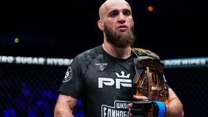 Movlid Khaybulaev celebrates after a win at a PFL event