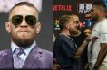 Conor McGregor at the UFC 264 press conference, opposite Jake Paul and Anthony Joshua facing off