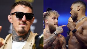 Tom Aspinall appears at the UFC 321 press conference, opposite Jake Paul and Anthony Joshua