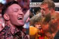 Conor McGregor laughs while attending a UFC event, opposite Jake Paul knocked down by Anthony Joshua