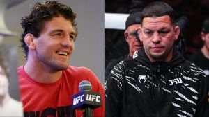 Ben Askren speaks at UFC Singapore media day, opposite Nate Diaz