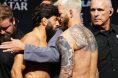 Arman Tsarukyan headbutts Dan Hooker during the UFC Qatar ceremonial weigh-in
