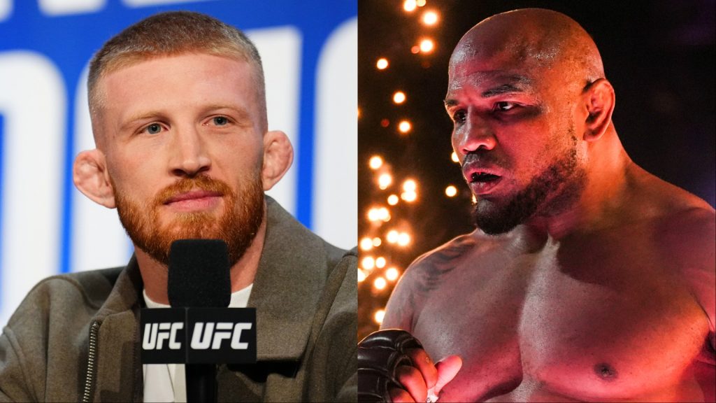 Bo Nickal speaks at a press conference, opposite Yoel Romero walking out