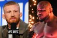 Bo Nickal speaks at a press conference, opposite Yoel Romero walking out