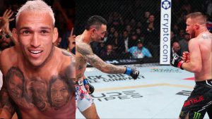 Charles Oliveira enters the Octagon, opposite Max Holloway and Justin Gaethje