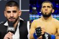 Ilia Topuria speaks at the UFC 317 press conference, opposite Islam Makhachev in the cage at UFC 322