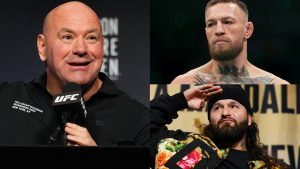 Dana White appears at the UFC 322 press conference, opposite Conor McGregor at UFC 264 and Jorge Masvidal at a Q&A