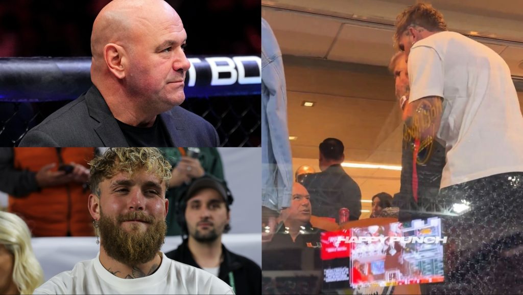 Dana White in the UFC Octagon, Jake Paul at a football game