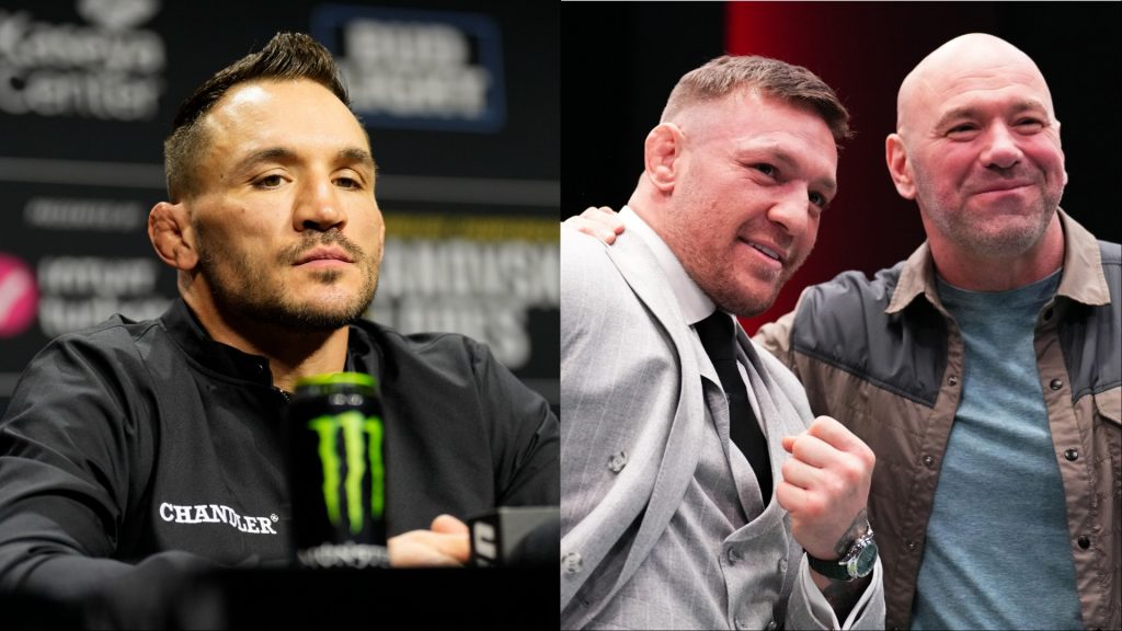 Michael Chandler appears at the UFC 314 press conference, opposite Dana White and Conor McGregor