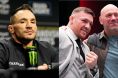 Michael Chandler appears at the UFC 314 press conference, opposite Dana White and Conor McGregor