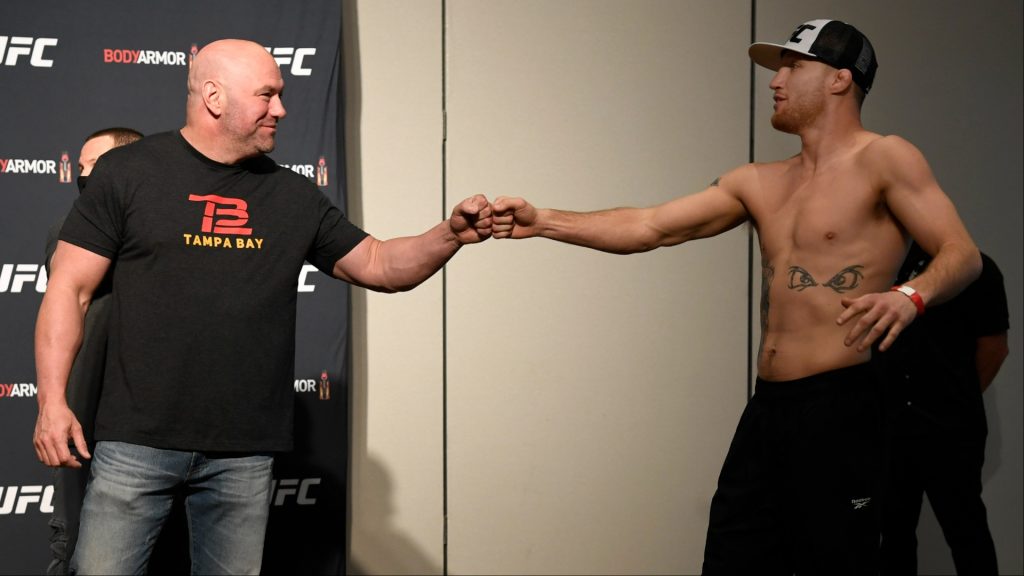 Dana White and Justin Gaethje fist bump at the UFC 249 ceremonial weigh-in