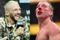 Dan Hooker speaks at a press conference, opposite Paddy Pimblett after UFC 324