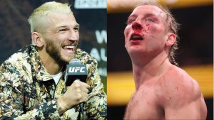 Dan Hooker speaks at a press conference, opposite Paddy Pimblett after UFC 324
