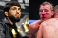 Arman Tsarukyan at the UFC 311 press conference, opposite Paddy Pimblett grappling Justin Gaethje