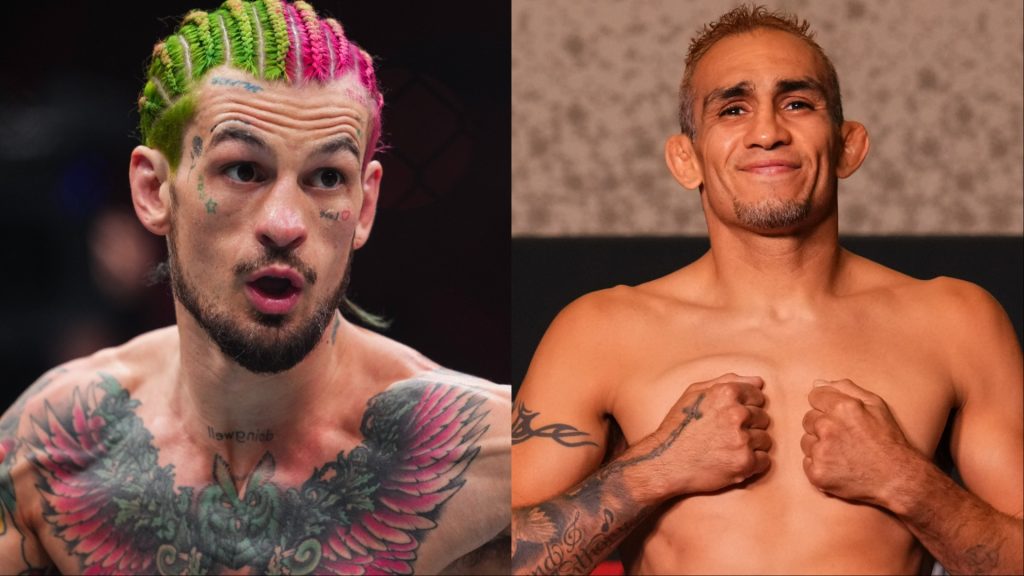Sean O'Malley fights at UFC 324, opposite Tony Ferguson posing on the scale