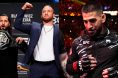 Justin Gaethje and Jorge Masvidal at the UFC 291 press conference, opposite Ilia Topuria walking out at UFC 317
