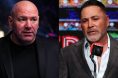 Dana White cageside at UFC 324, opposite Oscar De La Hoya at a press conference