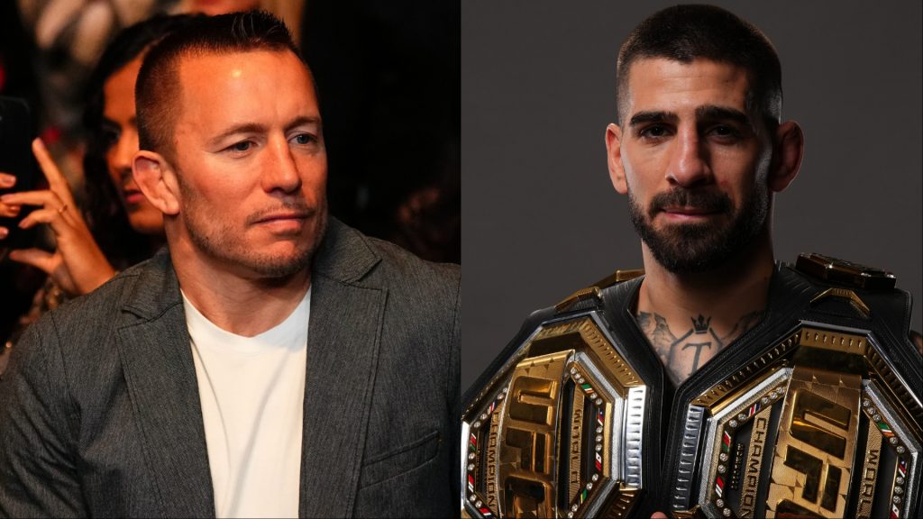 Georges St-Pierre in attendance at UFC 322, opposite Ilia Topuria