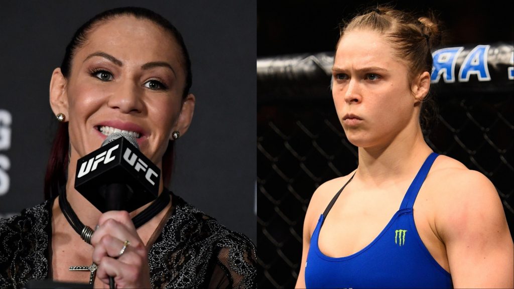 Cris Cyborg at the UFC 232 press conference, opposite Ronda Rousey