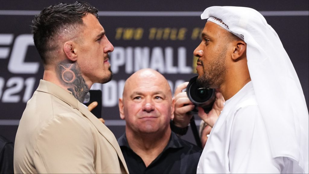 Tom Aspinall, Ciryl Gane, and Dana White at the UFC 321 press conference