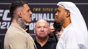 Tom Aspinall, Ciryl Gane, and Dana White at the UFC 321 press conference