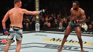 Nate Diaz taunts Leon Edwards during their fight at UFC 263
