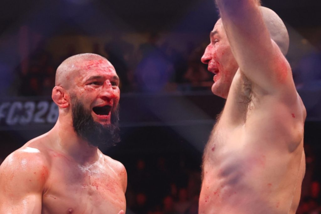 Khamzat Chimaev and Sean Strickland after UFC 328 fight