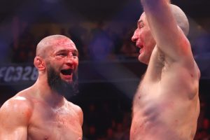 Khamzat Chimaev and Sean Strickland after UFC 328 fight