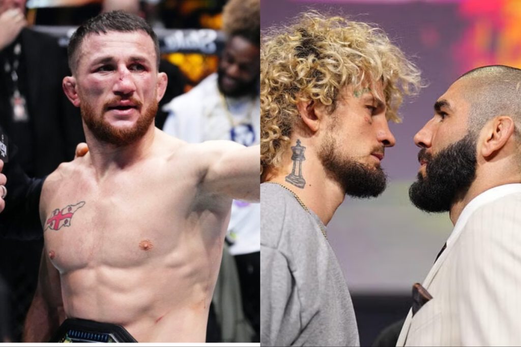 Merab Dvalishvili reacts to Sean O'Malley vs Aiemann Zahabi at UFC Freedom 250