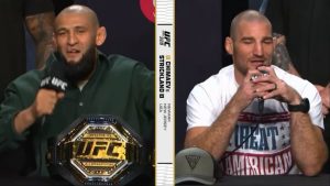Khamzat Chimaev and Sean Strickland at the UFC 328 presser