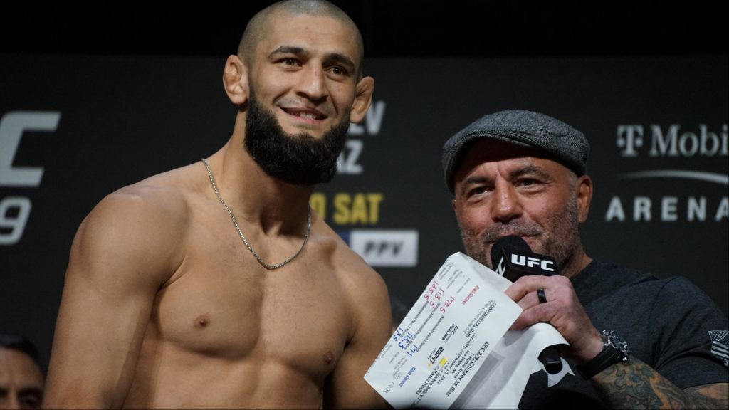 Khamzat Chimaev and Joe Rogan at the UFC 319 ceremonial weigh-in