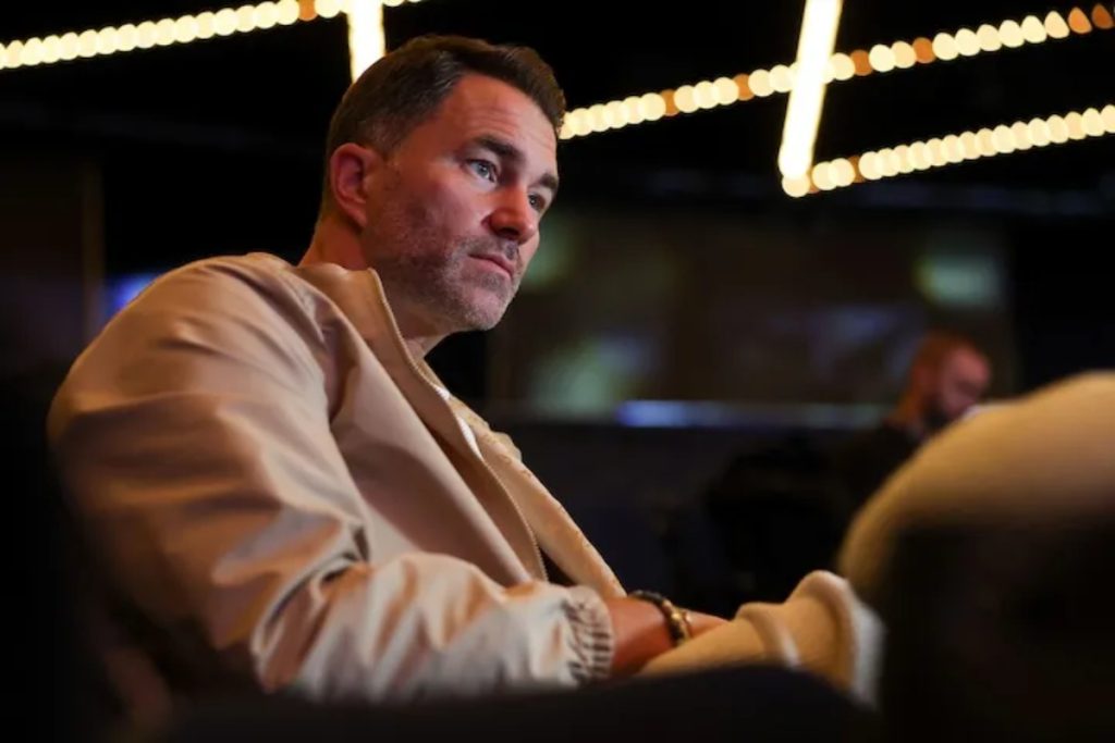Eddie Hearn attends a public weigh-in event for Matchroom Boxing