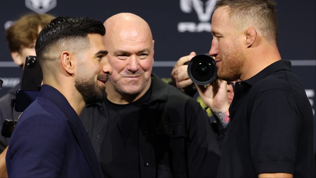 Ilia Topuria and Justin Gaethje face off at a pre-fight press conference