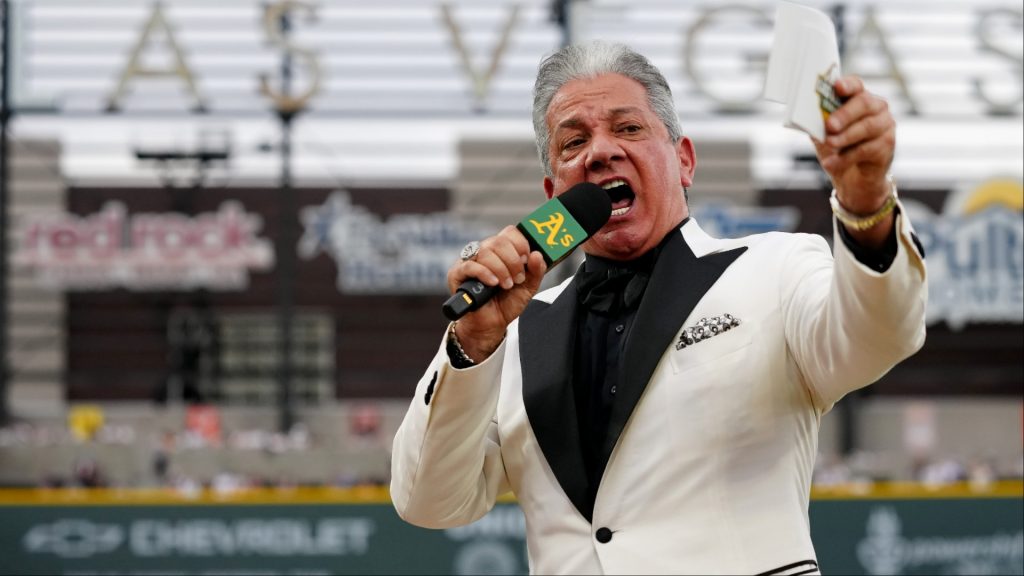 Bruce Buffer announces the starting lineups at the Athletics/Brewers game
