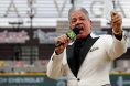 Bruce Buffer announces the starting lineups at the Athletics/Brewers game
