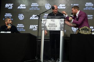 Conor McGregor berates Khabib Nurmagomedov during a UFC 229 press conference
